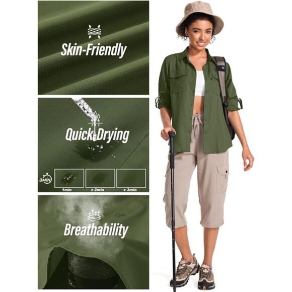Women's UPF 50 UV Sun Protection Long Sleeve Safari Shirts Quick Dry Hiking - Picture 4 of 7